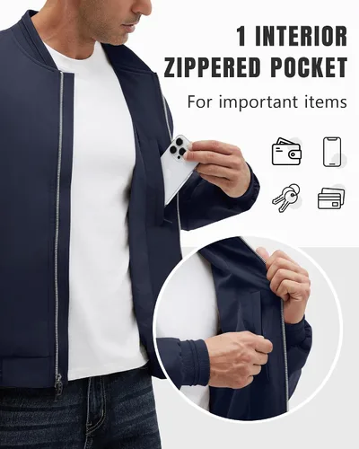 Vista 15 de Polu Chaquetas bomber para hombre con bolsillos, chaquetas cortavientos ligeras, cremallera de 2 vías, abrigo casual de negocios para otoño e