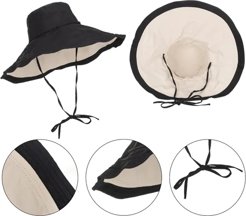 Vista 2 de Sombrero de sol de ala grande para mujer, protección UV, sombrero de pesca para playa, gorra para exteriores Negro/Beige