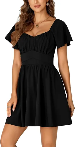 Vista 3 de Rooscier Minivestido acampanado de manga corta con volantes, cuello cuadrado, envolvente y espalda anudada para mujer