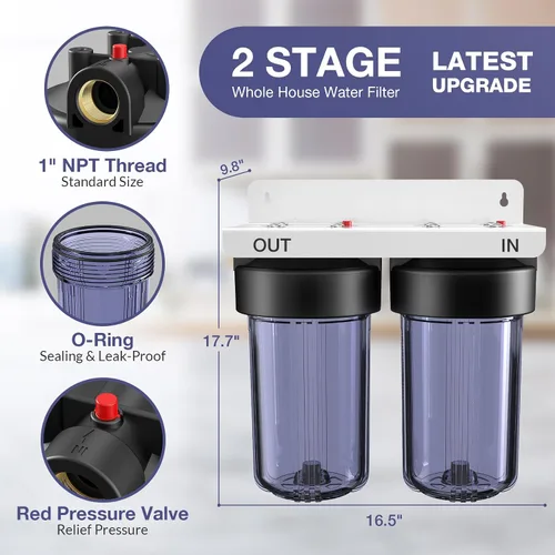 Vista 3 de SimPure Sistema de filtro de agua para toda la casa, 2 etapas de prefiltración de agua transparente para el hogar con filtros de carbono
