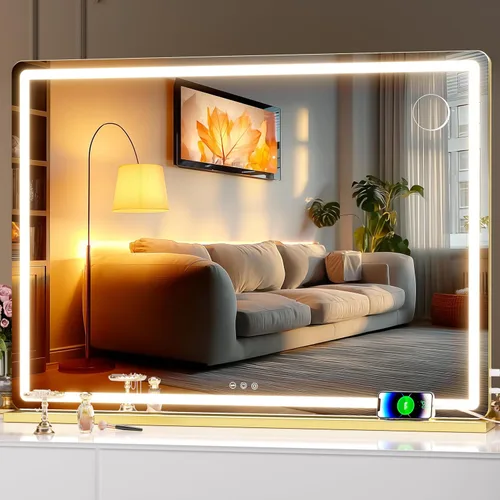 Vista 21 de Hasipu Espejo de tocador con luces, espejo LED de maquillaje de 31.5 x 22 pulgadas, espejo de maquillaje iluminado con 3 modos regulables, espejo