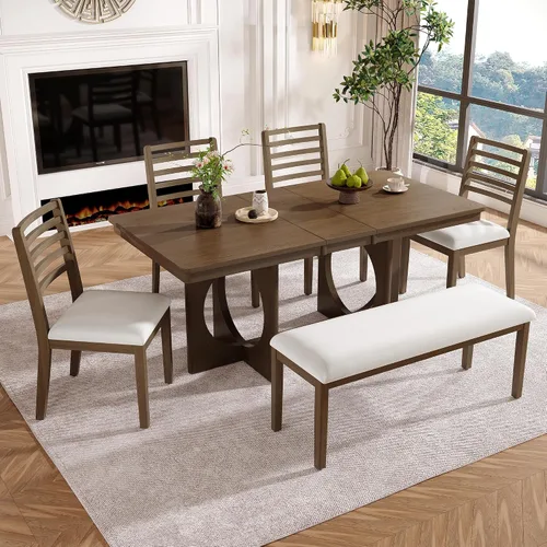 Vista 10 de Juego de mesa retro de comedor de cocina de 7 piezas, mesa extensible de madera maciza de 60 a 78 pulgadas con hojas extraíbles y 6 sillas