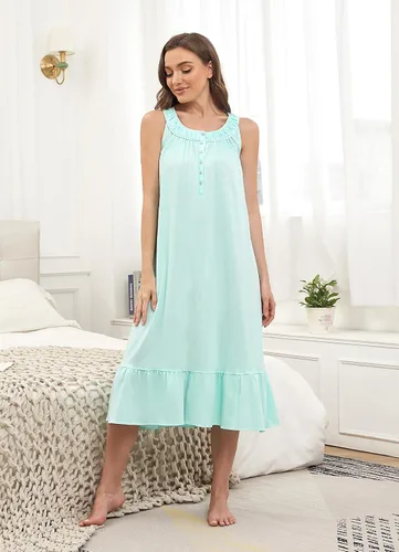 Vista 4 de Camisón sin mangas para mujer, ropa de dormir con tirantes anchos, plisado, cuello redondo