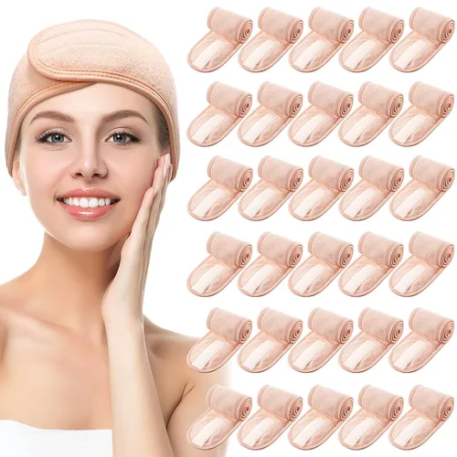 Vista 12 de Hoteam Paquete de 30 diademas de spa, esteticista facial para mujeres, ajustable, maquillaje, deportes, ducha, toalla elástica con cinta (negro)