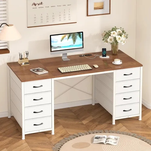 Vista 13 de YOMILUVE Escritorio para computadora de 50 pulgadas con 8 cajones, escritorio para oficina en casa con tomas de corriente, escritorio de trabajo