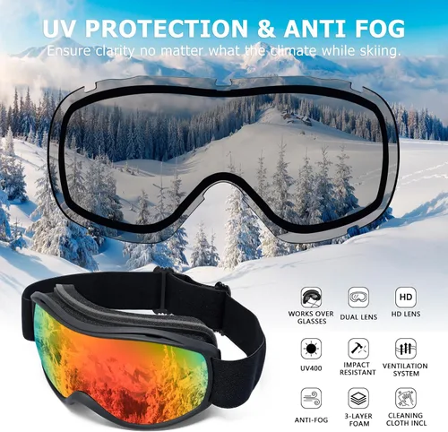 Vista 2 de SPOSUNE OTG - Gafas de esquí para hombres y mujeres, gafas de snowboard antiniebla, protección UV, gafas de nieve para adultos y jóvenes