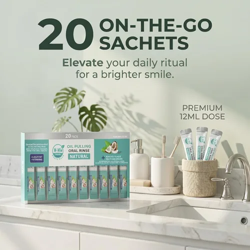 Vista 2 de Enjuague bucal con aceite de coco, esenciales de viaje portátiles, aceite de tracción natural para dientes y encías, paquetes de uso único