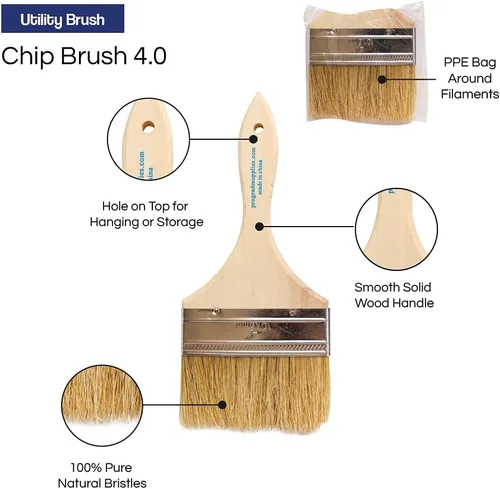 Vista 3 de Pro Grade Brochas de viruta de 4 pulgadas, pinceles de pintura desechables, para selladores, paquete de 12 Natural bristle, wood handle DIY Pack