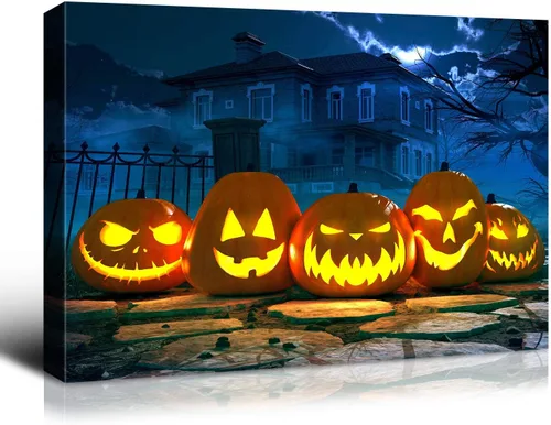 Vista 42 de Denozer - Decoración de pared de calabaza de Halloween, pósteres de regalo, decoración del hogar, arte de pared, imágenes en lienzo HD, estiradas