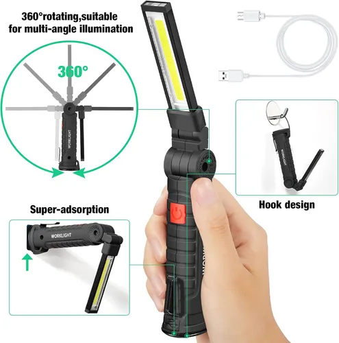 Vista 3 de Honoson - Juego de 4 luces de trabajo LED Honoson recargables con base magnética, gancho para colgar y rotación de 360°, 5 modos de linterna LED