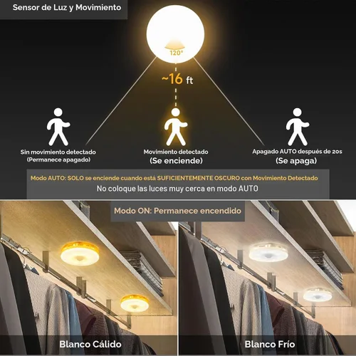 Vista 3 de Luz de sensor de movimiento LED recargable mejorada para interiores, batería brillante y duradera, luces de disco adhesivas con sensor de movimiento