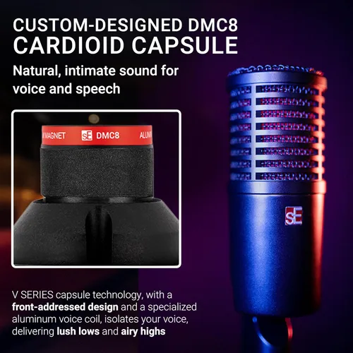 Vista 4 de SE ELECTRONICS DynaCaster DCM8 Micrófono dinámico con preamplificador integrado, montaje de choque y filtro pop - Micrófono dinámico cardioide