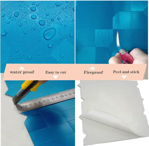 Vista 6 de XUANINY 7 hojas de azulejos metálicos para salpicaduras de muro, autoadhesivas, múltiples formas, mosaico de aluminio 3D, adhesivo de pared