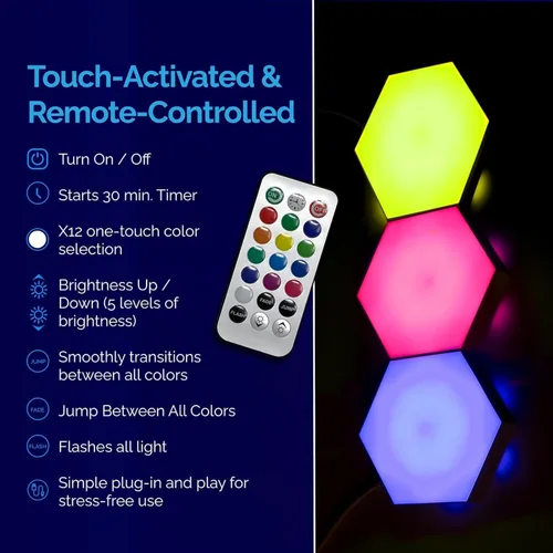 Vista 5 de Emberela HEXlights - Luces Sensoriales para Niños, Paquete de 3 Luces Hexagonales Táctiles, Control Remoto, Paneles LED de Pared Amigables