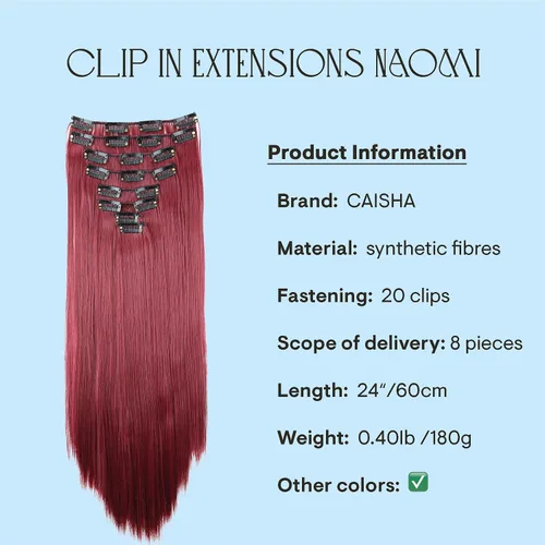 Vista 4 de CAISHA XXL - Juego de 8 extensiones de cabello con clip de 24 pulgadas, extensiones de cabello lacio rojo burdeos CES10