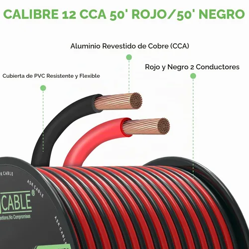 Vista 2 de Askcable Cable de alambre de 12 calibre, cable de alambre eléctrico de 12 AWG, 2 conductores de alambre rojo y negro, cable de extensión flexible