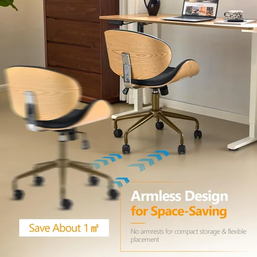 Vista 5 de VINGLI Silla giratoria de oficina en casa amplia y cómoda con carcasa curvada de grano de madera, silla de escritorio ergonómica acolchada sin
