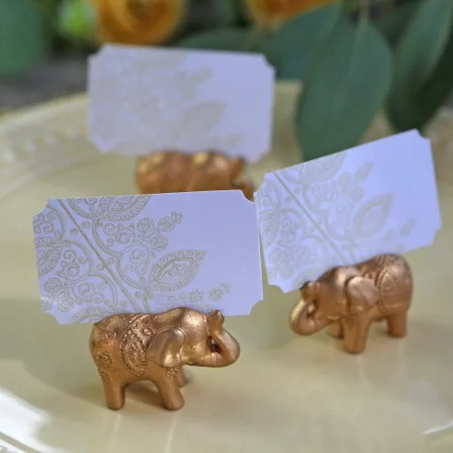 Vista 8 de Kate Aspen Lucky Golden Elephant - Portatarjetas de lugar, soportes para fotos, recuerdos de fiesta, decoraciones de boda india, tarjetas