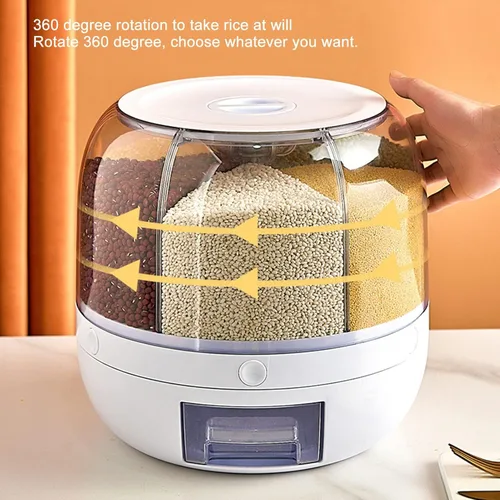 Vista 5 de Kufoo - Contenedor de almacenamiento de arroz y granos de 6 rejillas, dispensador de cereales giratorio de 360° con tapa, resistente a la humedad