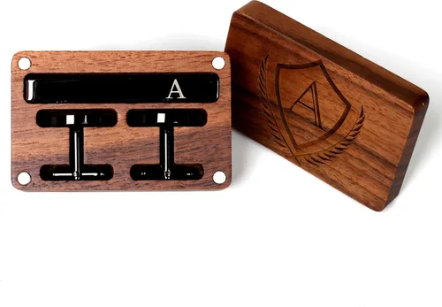 Vista 3 de Gemelos con inicial y clip de corbata para hombre, letras del alfabeto de la A a la Z, color negro, acero inoxidable, con caja de madera de nogal