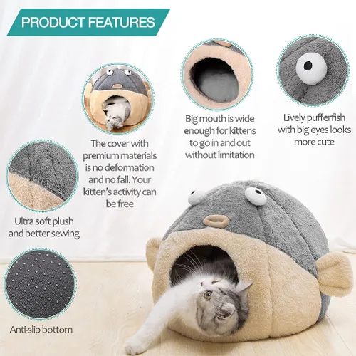 Vista 4 de Camas para gatos de interior – Cueva de cama para gatos con almohada acolchada extraíble lavable, tienda de campaña para gatos súper suave 2 en 1