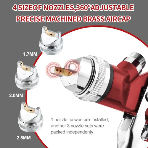 Vista 2 de HVLP Pistola de pulverización de alimentación por gravedad con 4 boquillas de 1.4/1.7/2.0/0.098 in y taza de aluminio de 1000 cc, pistola de pintura