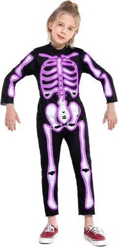 Vista 2 de HSCTEK Disfraz de esqueleto iluminado para niños, disfraz LED de Halloween Púrpura