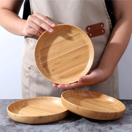 Vista 3 de Platos redondos de madera de 7.5 pulgadas para alimentos, platos de bambú reutilizables, platos de cena para mesa, 2 piezas de platos de madera
