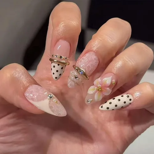 Vista 11 de Uñas postizas a presión, uñas postizas medianas con diseño de almendra, 24 A-1