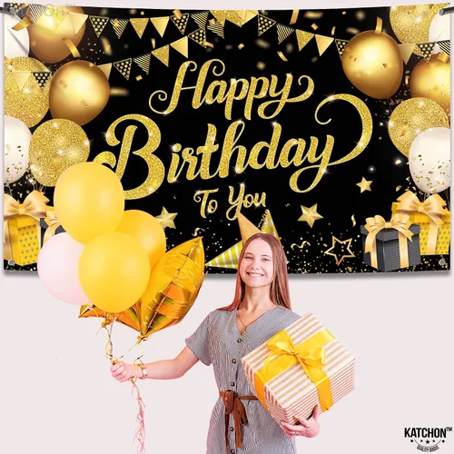 Vista 5 de KatchOn, Cartel de feliz cumpleaños negro y dorado, extragrande, 72 x 44 pulgadas, pancarta de fondo negro y dorado para decoraciones de feliz