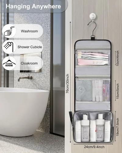 Vista 4 de Pequeña bolsa de aseo colgante para hombres y mujeres, organizador colgante portátil para kit de ducha de tamaño de viaje, accesorios de maquillaje