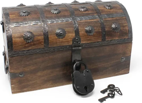 Vista 12 de Nautical Cove - Cofre del tesoro pirata hecho a mano para niños, premios y aula con cerradura y llaves de esqueleto – Caja de almacenamiento