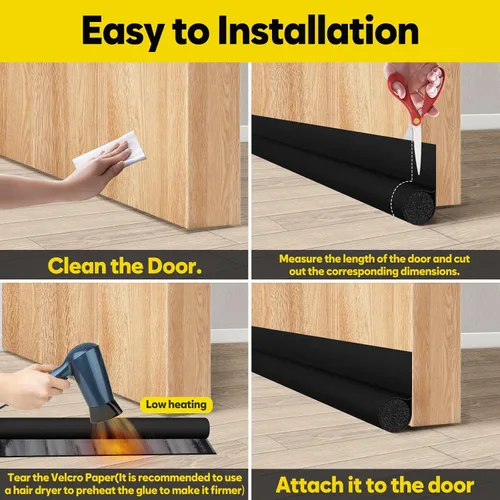 Vista 3 de HomeProtect Tope de puerta para puerta, paquete de 2 unidades, bloquea el aire frío, el ruido del olor y la luz, blanco y negro, fuerte adhesivo