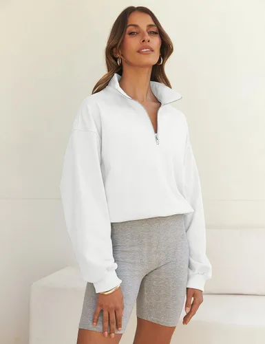 Vista 8 de MEROKEETY Sudadera corta con cremallera de un cuarto para mujer, manga larga, cuello alto, con cordón