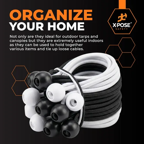 Vista 7 de Xpose Safety Cuerdas elásticas de bolas de 6 pulgadas, paquete de 10 cuerdas elásticas resistentes de colores surtidos en blanco y negro con lazos