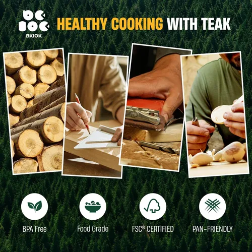 Vista 2 de Bkiok Cucharas de madera para cocinar, juego de utensilios de cocina de madera de teca natural para sartenes antiadherentes, espátula de madera
