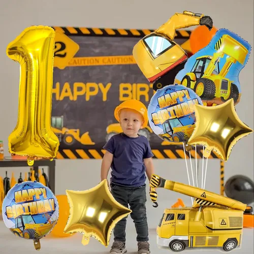 Vista 5 de Globos de construcción para el primer cumpleaños, 9 globos dorados de 40 pulgadas con el número 1 para excavadora grande, camión volquete, grúa