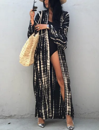 Vista 2 de Cárdigan largo tipo kimono con cinturón para mujer, con parte delantera abierta, teñido anudado