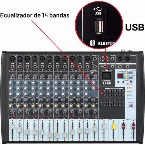 Vista 3 de Boytone Mezclador de audio Bluetooth profesional de 12 canales, grabación de PC, 16 efectos DSP, alimentación fantasma de 48 V, conector de 11