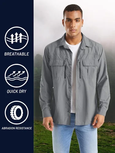 Vista 7 de TACVASEN Camisa de pesca para hombre, camisa de manga larga de secado rápido, camisa táctica con botones, camisa de trabajo ligera safari