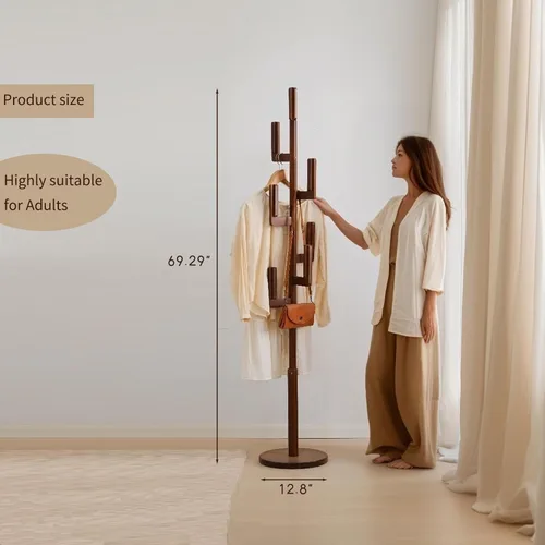 Vista 3 de Perchero de Bambú Cactus para Abrigos y Ropa, Perchero Independiente con 6 Ganchos para Adultos y Niños, Perchero Resistente Moderno para Entrada