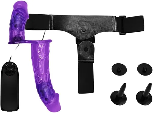 Vista 3 de Honeypleasures - Correa vibradora en consolador doble para mujer lesbiana femenina en juguete sexual femenino y doble penetración púrpura