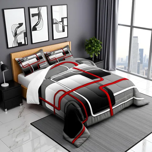 Vista 6 de Castle Fairy Juego de edredón rojo, negro y blanco, tamaño Queen, juego de ropa de cama geométrica abstracta para mujeres, hombres, adultos Multi 01