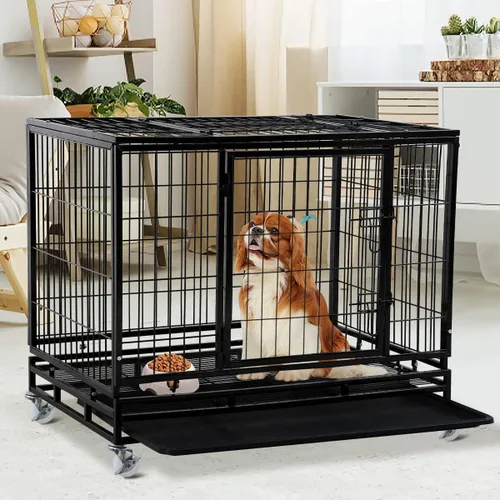 Vista 9 de Perrera para perros grande resistente con bandeja de plástico y ruedas, jaula XXL de 48 pulgadas para perros al aire libre con puertas dobles, cajas