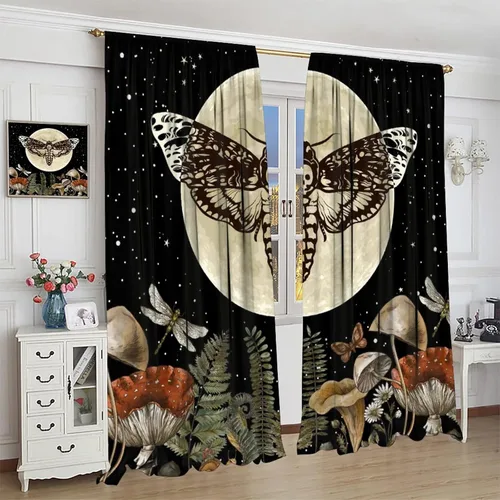 Vista 59 de Cortinas góticas de bosque de cuervos, para Halloween, espeluznante, negro, cuervo negro, alas oscuras, suspenso, bolsillo para barra, cortinas