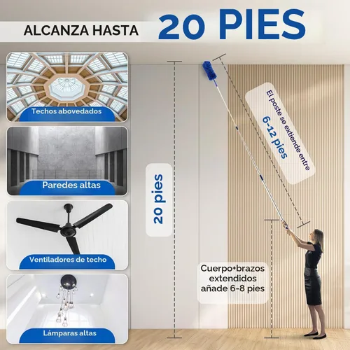 Vista 4 de Varilla de extensión y plumero para telarañas, se extiende de 18 a 20 pies. Limpieza de techos altos, techos de catedral, ventiladores de techo