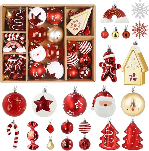 Vista 9 de Alupssuc Juego de 65 adornos de bolas de Navidad, bolas de plástico inastillables casa de jengibre dorada y estrella para la copa del árbol