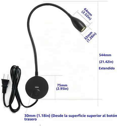 Vista 5 de Luz LED de lectura de pared con puerto de carga USB, interruptor regulable táctil, lámpara de noche de cuello de cisne, brazo flexible, 3 W