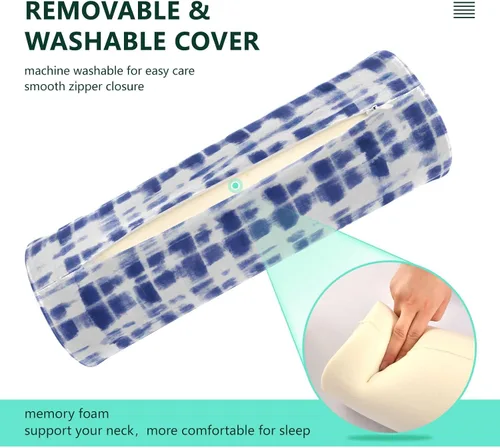 Vista 4 de Rollo cervical para el cuello, almohada redonda con estampado de teñido anudado azul y blanco, almohadas de espuma viscoelástica lavables, almohada