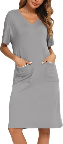 Vista 2 de YYA Loose Nightgowns for Women Short Sleeve Sleepwear V Neck Nightshirt with Pockets Soft Pajama Dress S-3XL